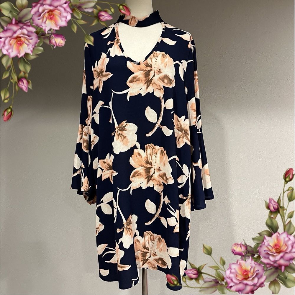 A-line floral print navy long sleeve knee length dress size XL